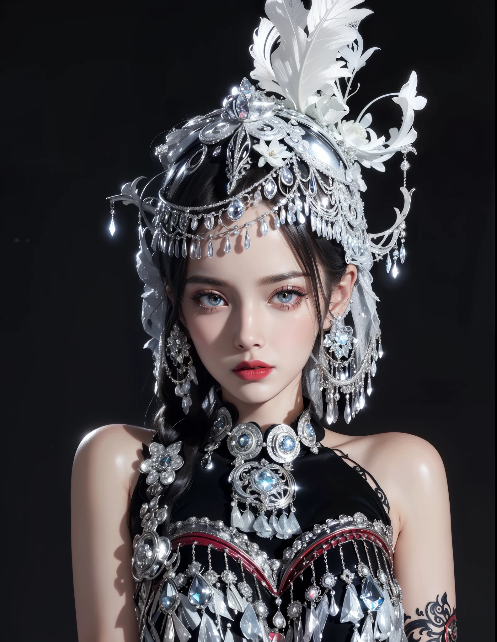 Royal princess,Super detailed, Delicate face, Stock Photography , Portrait 400, F1 Camera Lens.6, Colorful, Surrealism, Realistic textures, Dramatic Lighting, Thin Film Distiller 800 (8K, original photo, Better quality, masterpiece: 1.2), Super detailed, (Extremely delicate skin: 1.2), 8K 超高清, SLR camera, Soft Light, high quality.Fire Queen,Blue pupils,Apply red lipstick,Have a tattoo,The tattoo is very three-dimensional,Gorgeous and intricate tattoo designs,8K Mugshot,Large Breasts,Dark eyeshadow,Sexy thick lips(Red lipstick),Ice Princess,The facial features are very three-dimensional,Gorgeous and exquisite crystal diamond lace wedding dress,Silver armor,Exquisite and ornate silver decoration