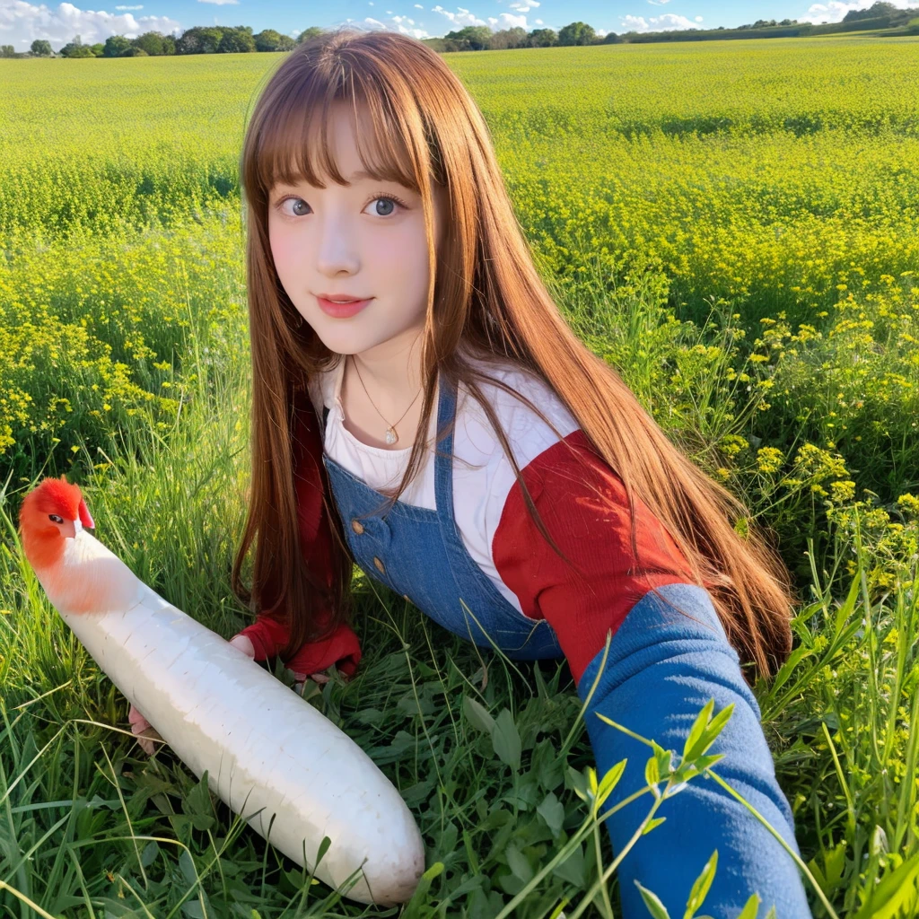 A red-headed girl with the fattest cock in the meadow under a blue sky