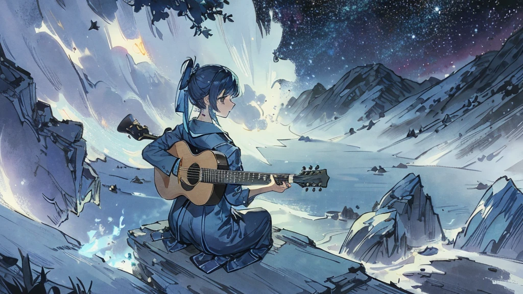 Late Night。Under the stars。Blue little budgerigar。15-year-old girl。On a hill far away、Alone, with his back towards me, he plays an acoustic guitar。