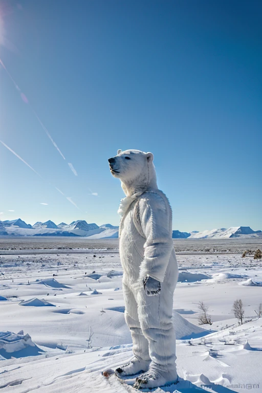 ((A humanoid white polar bear is standing looking up looking at the sky)), frozen ground and desert scenery, no trees there are no plants on this planet. Low left photography angle