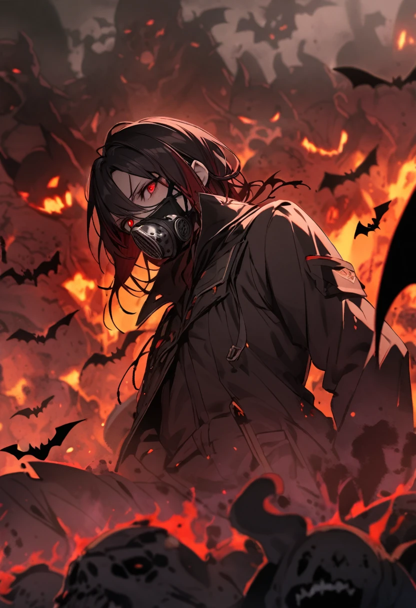 dark aura, hell, male, red eyes, black and dark red hair, bats, disease, lava, Plague mask