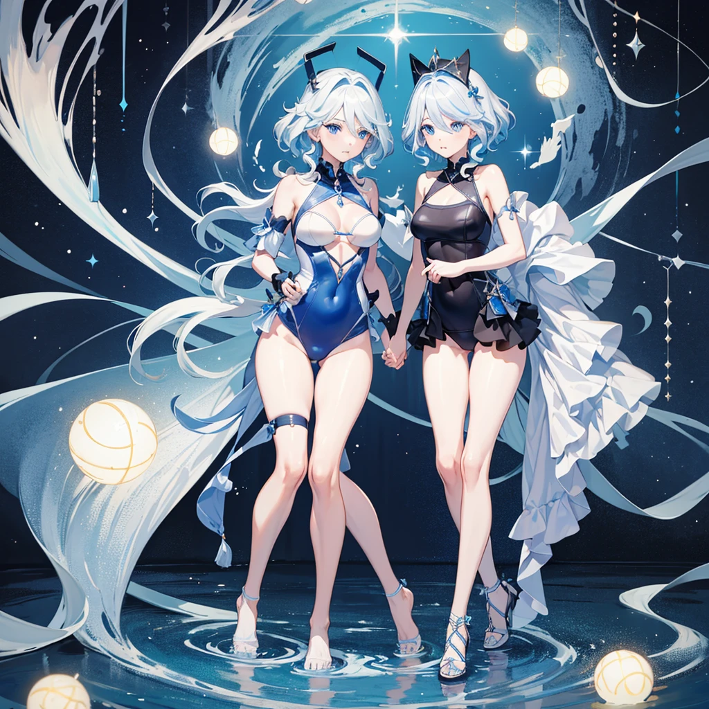 masterpiece, high resolution, better quality.1girl, furina from genshin impact, short pale blue-white hair, wavy hair, blue eyes, different-blue eyes,one-piece swimsuit,clothing cutout,competition swimsuit,collarbone,(highleg:1.3)