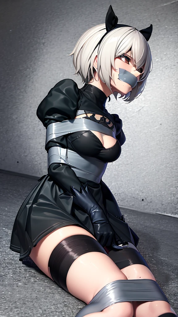 2b, no skirt, tape gagged, tape bondage