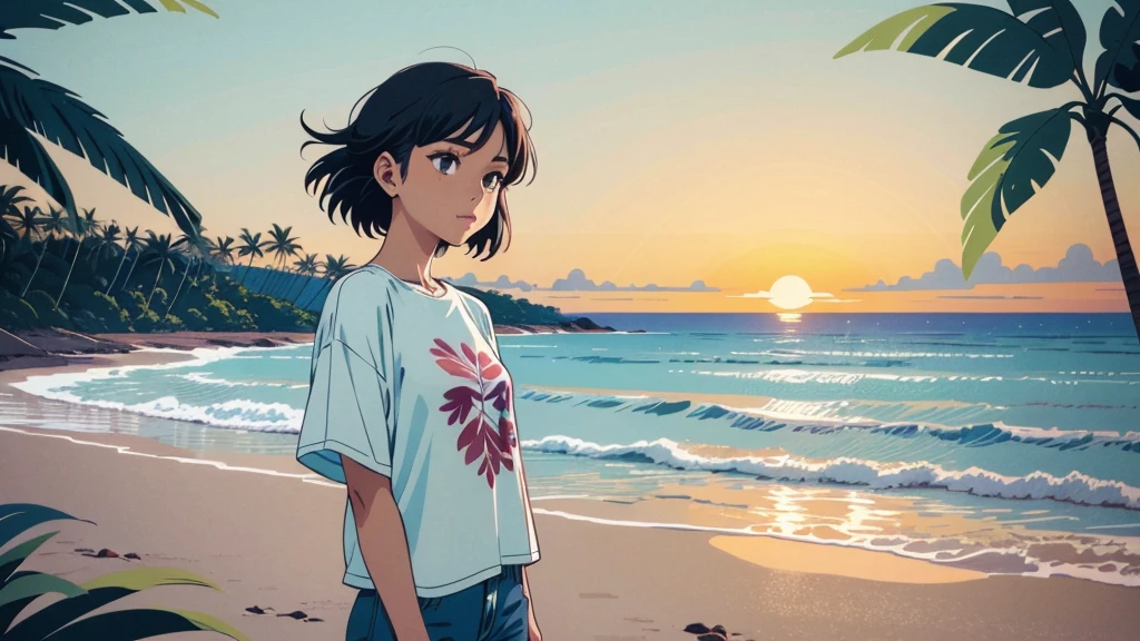 masterpiece, Highest quality, アニメ, Beautiful Asian Girl, K-Pop aesthetics and style, Sunset, 80s American hippie style, Along the Hawaiian Coast, Cute and dreamy,アニメ,Illustrator,LOFI Girl,
