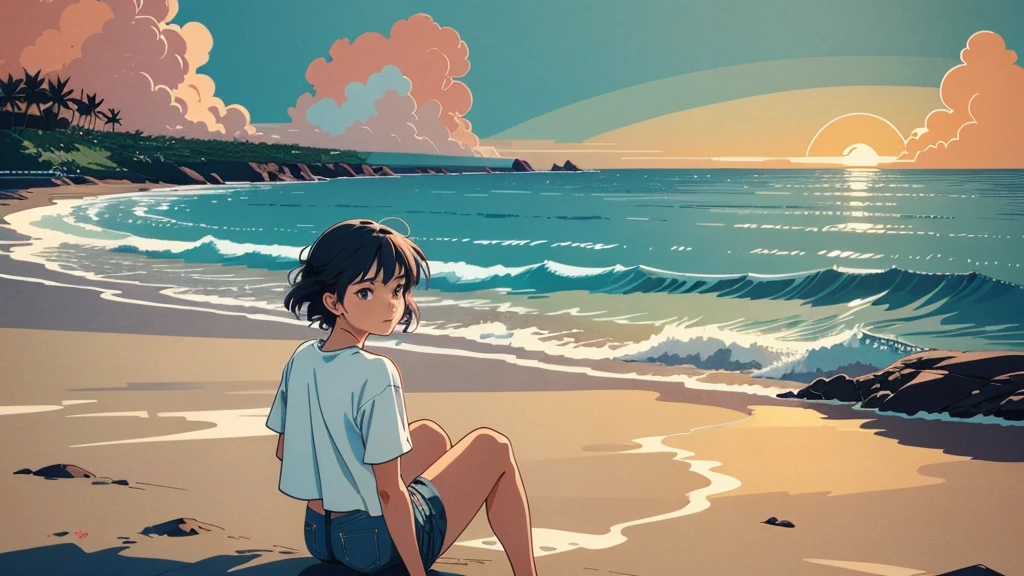 masterpiece, Highest quality, アニメ, Beautiful Asian Girl, K-Pop aesthetics and style, Sunset, 80s American hippie style, Along the Hawaiian Coast, Cute and dreamy,アニメ,Illustrator,LOFI Girl,
