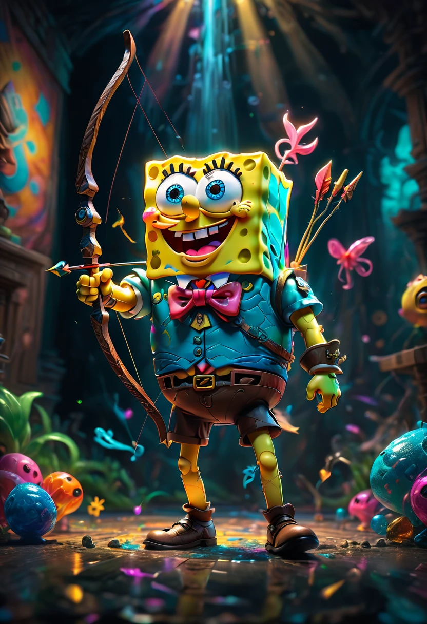 Archer, bow and arrow, Archery pose, full body, by SpongeBob SquarePants, dramatic composition, cinematic dynamic action scene, vibrant colors, cinematic lighting, dramatic lighting, best quality, masterpiece, very aesthetic, perfect composition, intricate details, ultra-detailed