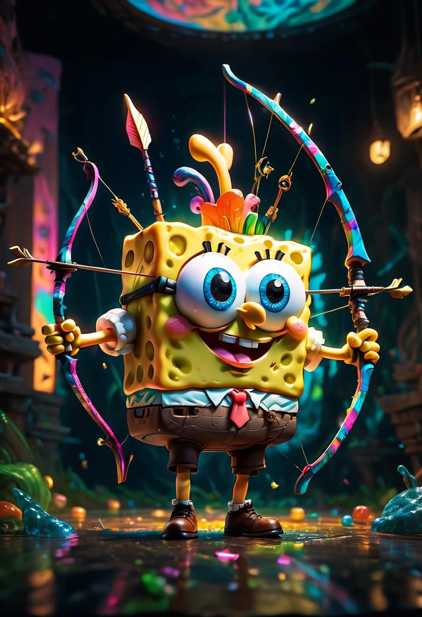 Archer, bow and arrow, Archery pose, full body, by SpongeBob SquarePants, dramatic composition, cinematic dynamic action scene, vibrant colors, cinematic lighting, dramatic lighting, best quality, masterpiece, very aesthetic, perfect composition, intricate details, ultra-detailed