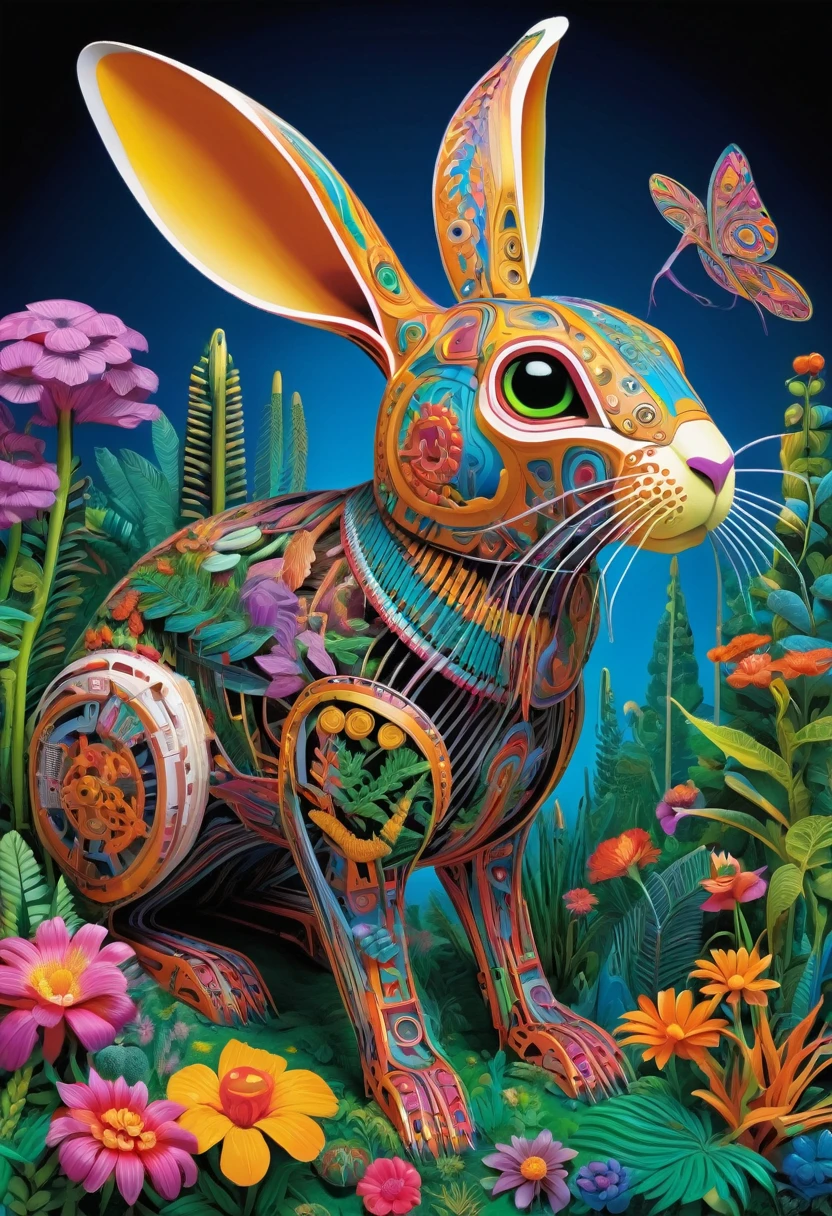 Future genetic engineering will incorporate living organisms into works of art., Covered by animals, flora. Alebrije, masterpiece, Hyper HD, Axonometric diagram, jungle. cyber punk,Rabbit