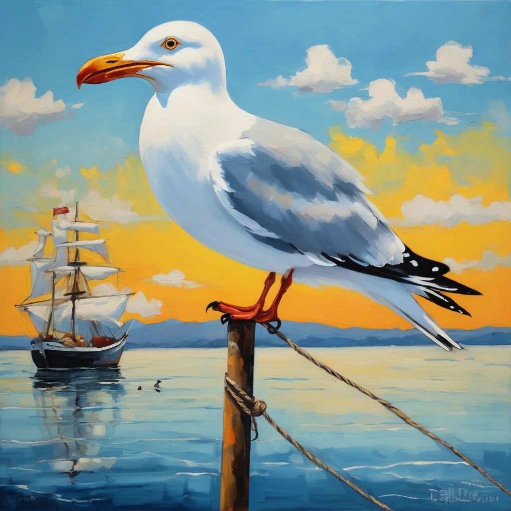 This is a whimsical, cartoon-style painting, potentially by an artist known for humorous and light-hearted works. The composition centers on a close-up of a curious seagull with exaggerated, expressive features and a comically large beak, dominating the right foreground. Three smaller seagulls perched on parallel ropes recede into the background, creating depth. The background is a bright, clear blue sky punctuated by simple, fluffy white clouds. The simplicity and playful nature of the painting, along with the bold, solid colors, contribute to a cheerful and amusing atmosphere.