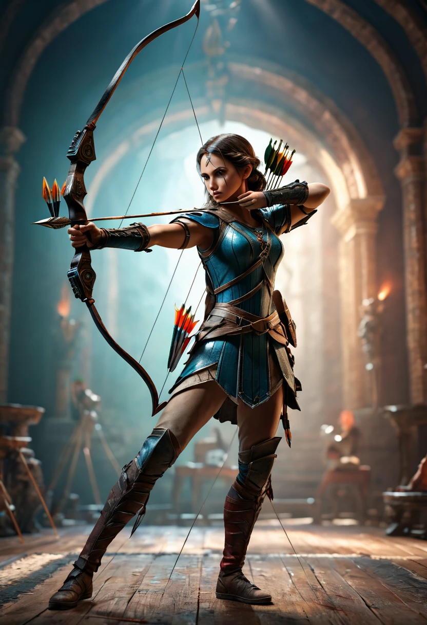 Archer, bow and arrow, Archery pose, full body, by Mario, dramatic composition, cinematic dynamic action scene, vibrant colors, cinematic lighting, dramatic lighting, best quality, masterpiece, very aesthetic, perfect composition, intricate details, ultra-detailed