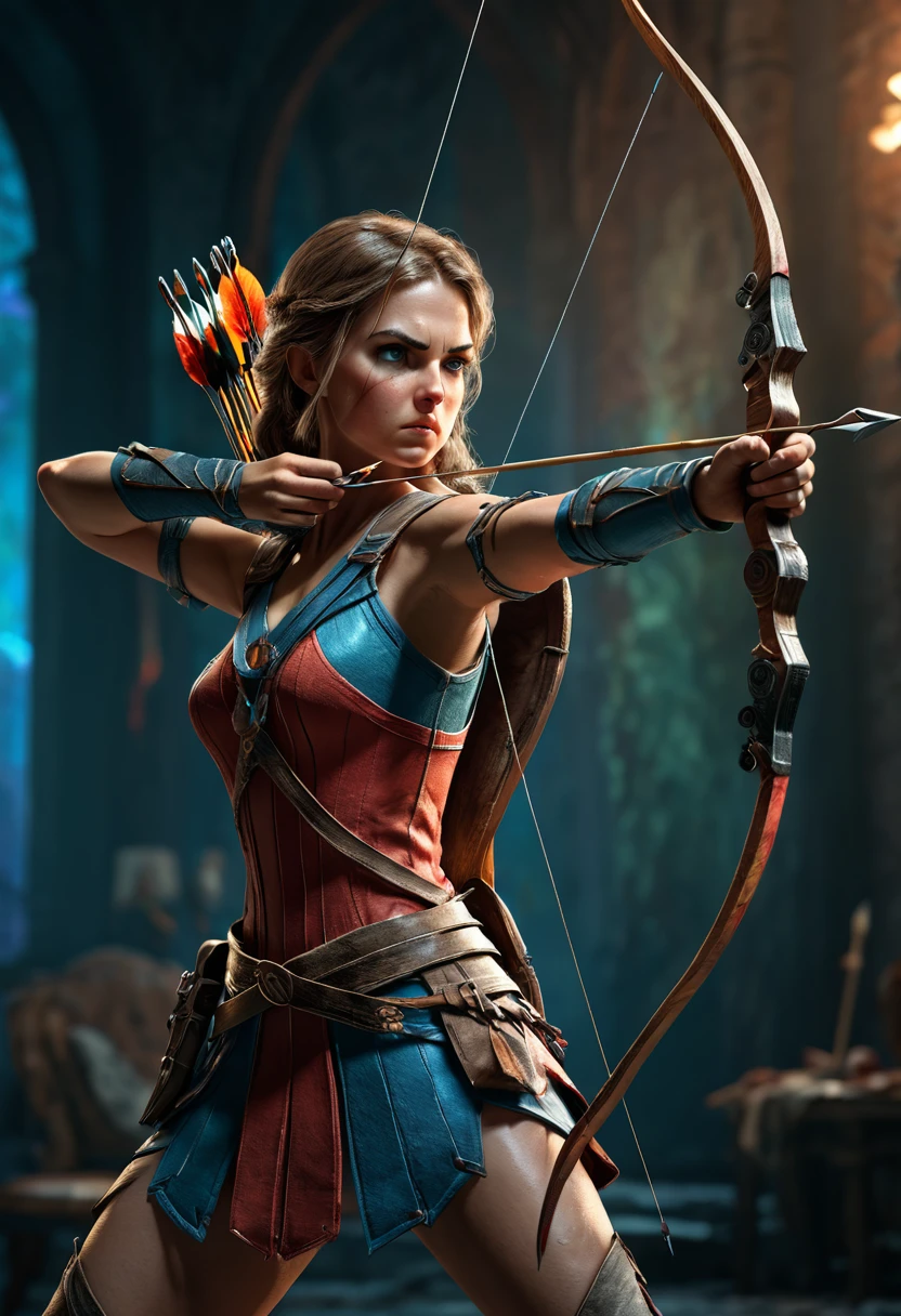 Archer, bow and arrow, Archery pose, full body, by Mario, dramatic composition, cinematic dynamic action scene, vibrant colors, cinematic lighting, dramatic lighting, best quality, masterpiece, very aesthetic, perfect composition, intricate details, ultra-detailed