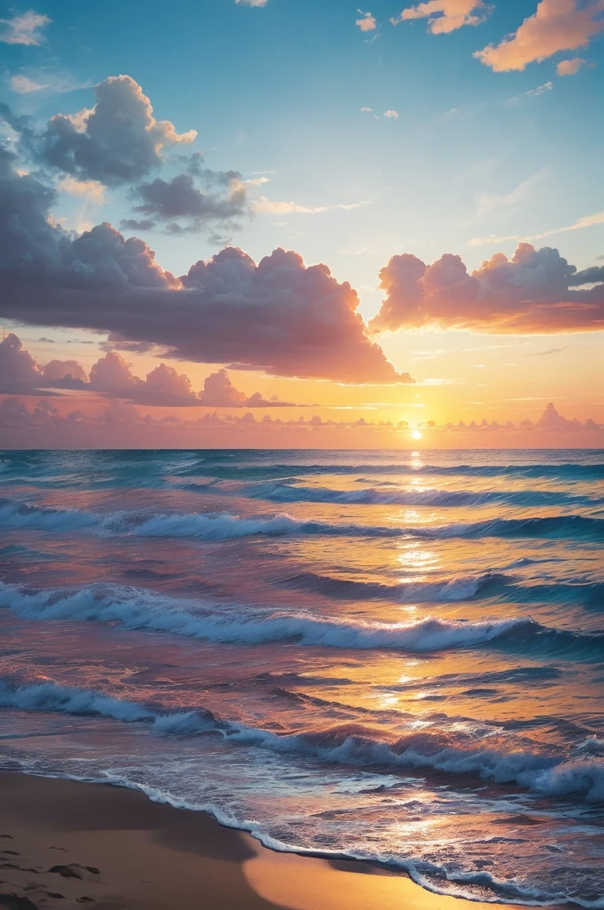An absolutely mesmerizing sunset over the beach, with a blend of oranges, pinks, and yellows filling the sky. Crystal-clear waters of the sea gently kissing the shore, with sandy white beach stretching far and wide. The scene is dynamic and breathtaking, with seagulls soaring high in the sky and gently swaying palm trees. Take in the calming atmosphere and let the peacefulness wash over you. INFO