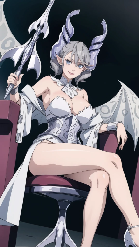 Outside castle top High level image quality best image quality 8K adult woman silver castle outside more colors whole body view portrait bikini horn ears short hair((shortcut)(gray hair)(perm)(fluffy)) eye color is blue , , attractive evil face , smile , sexy pose , labrynth , barearm , wearing pink , wings , sitting on chair ,holding her weapon , crossed legs, view heels , view side