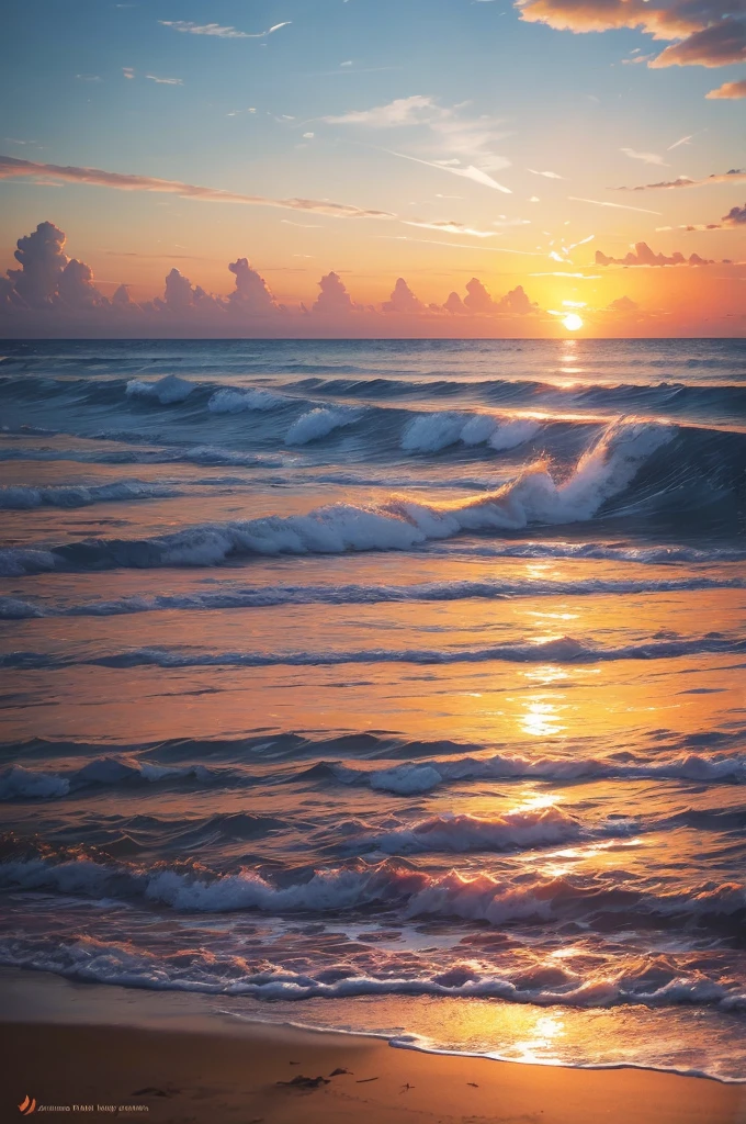An absolutely mesmerizing sunset over the beach, with a blend of oranges, pinks, and yellows filling the sky. Crystal-clear waters of the sea gently kissing the shore, with sandy white beach stretching far and wide. The scene is dynamic and breathtaking, with seagulls soaring high in the sky and gently swaying palm trees. Take in the calming atmosphere and let the peacefulness wash over you. INFO