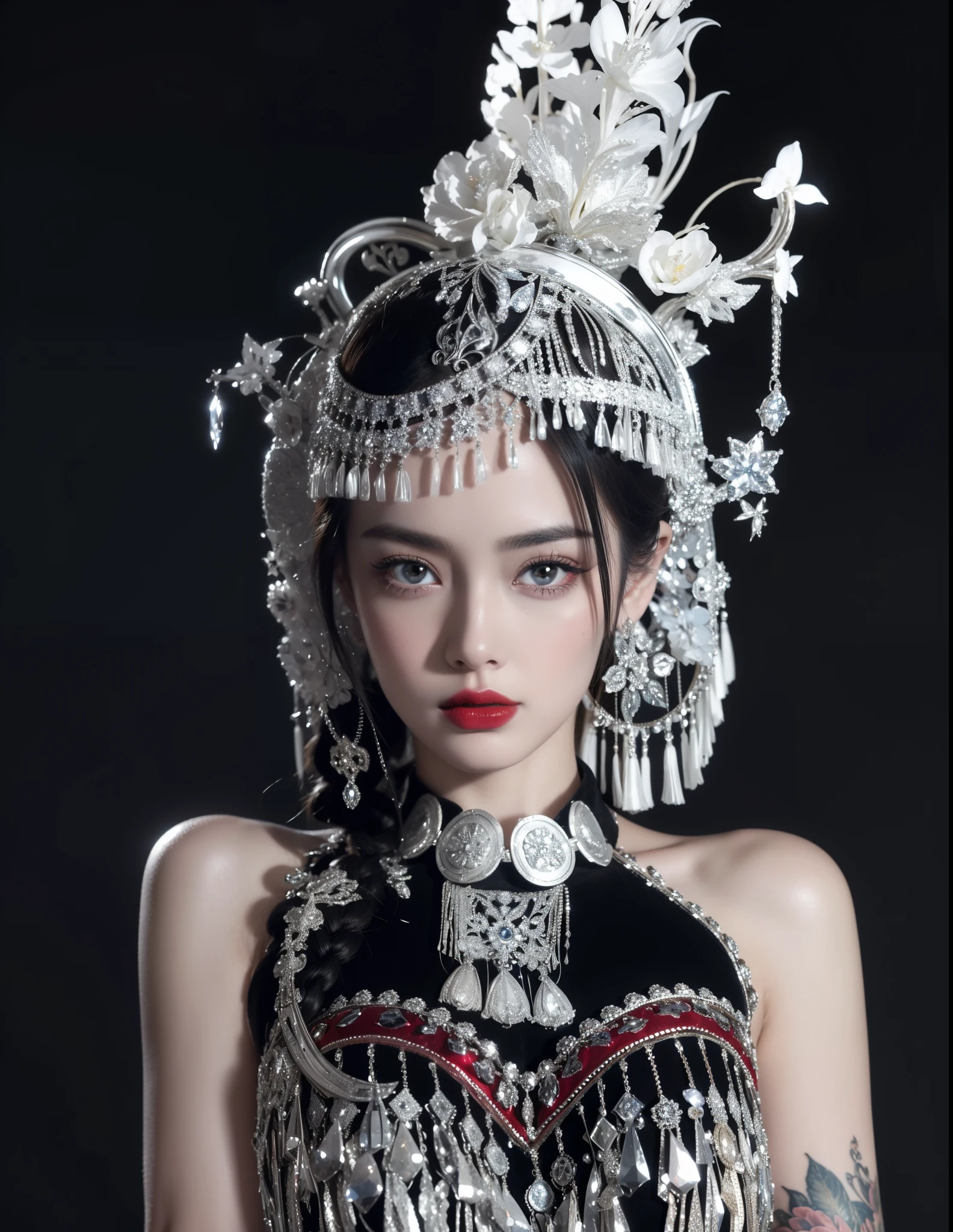 Royal princess,Super detailed, Delicate face, Stock Photography , Portrait 400, F1 Camera Lens.6, Colorful, Surrealism, Realistic textures, Dramatic Lighting, Thin Film Distiller 800 (8K, original photo, Better quality, masterpiece: 1.2), Super detailed, (Extremely delicate skin: 1.2), 8K 超高清, SLR camera, Soft Light, high quality.Fire Queen,Blue pupils,Apply red lipstick,Have a tattoo,The tattoo is very three-dimensional,Gorgeous and intricate tattoo designs,8K Mugshot,Large ,Dark eyeshadow,Sexy th lips(Red lipstick),Ice Princess,The facial features are very three-dimensional,Gorgeous and exquisite crystal diamond lace wedding dress,Silver armor,Exquisite and ornate silver decoration