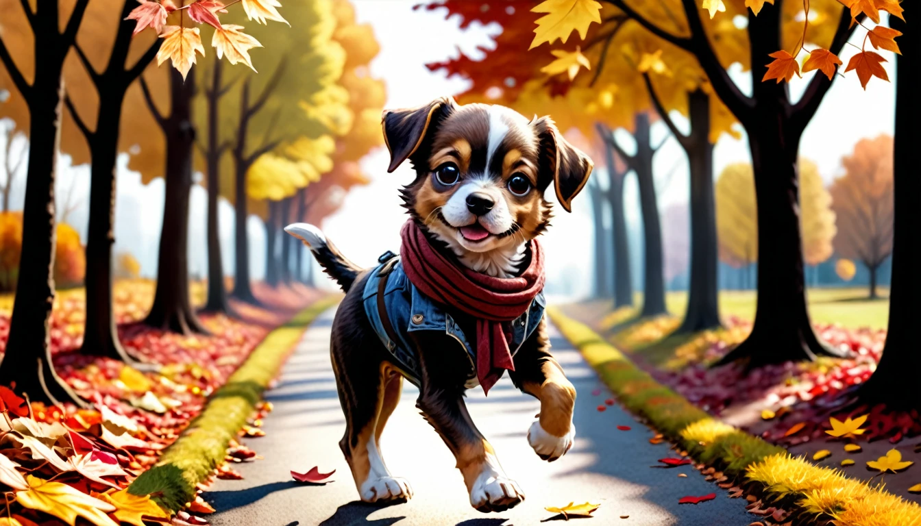 (photo film style), anthropomorphic, cute puppy, standing like a human and walking, autumn path, colorful trees, fallen leaves, enjoying the scenery, wearing casual clothes, 2D, colorful, warm atmosphere, shiny, Jean-Baptiste Monge style, Alan Lee style