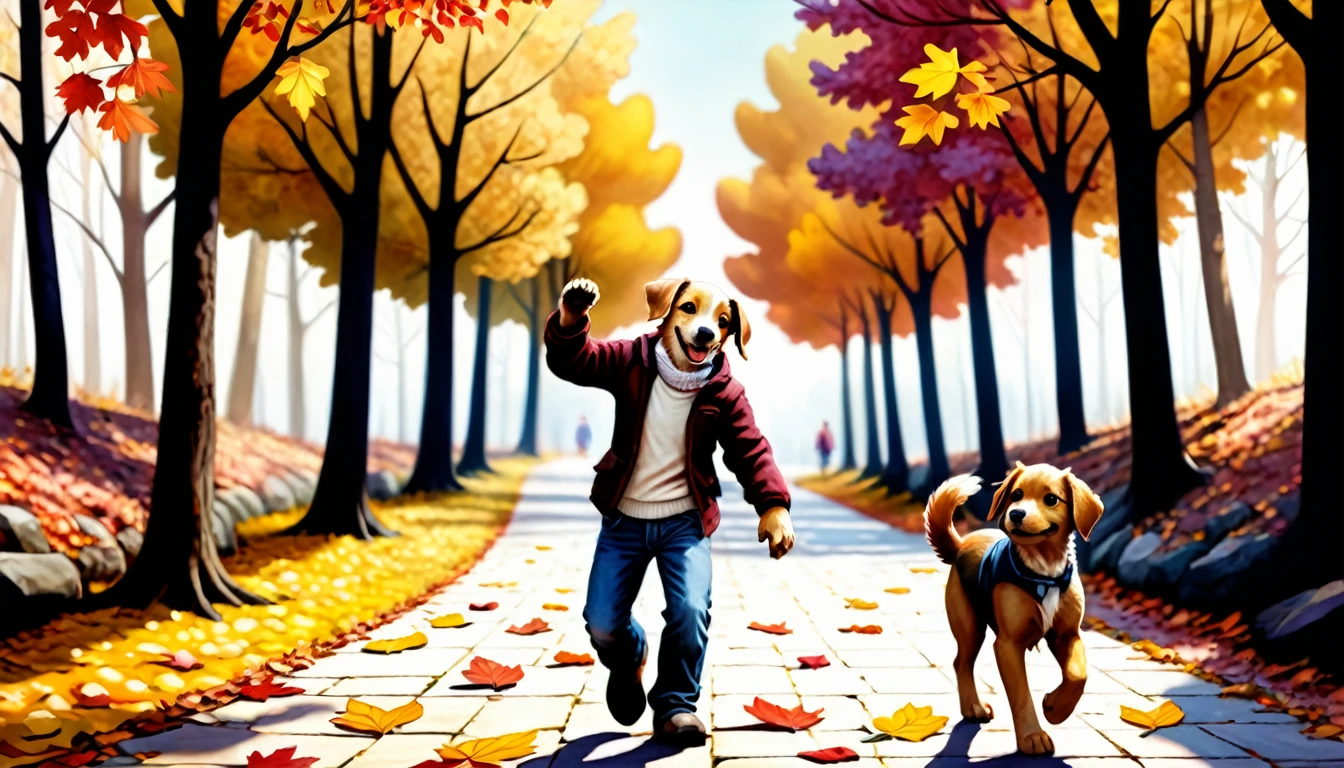 (photo film style), anthropomorphic, cute puppy, standing like a human and walking, autumn path, colorful trees, fallen leaves, enjoying the scenery, wearing casual clothes, 2D, colorful, warm atmosphere, shiny, Jean-Baptiste Monge style, Alan Lee style