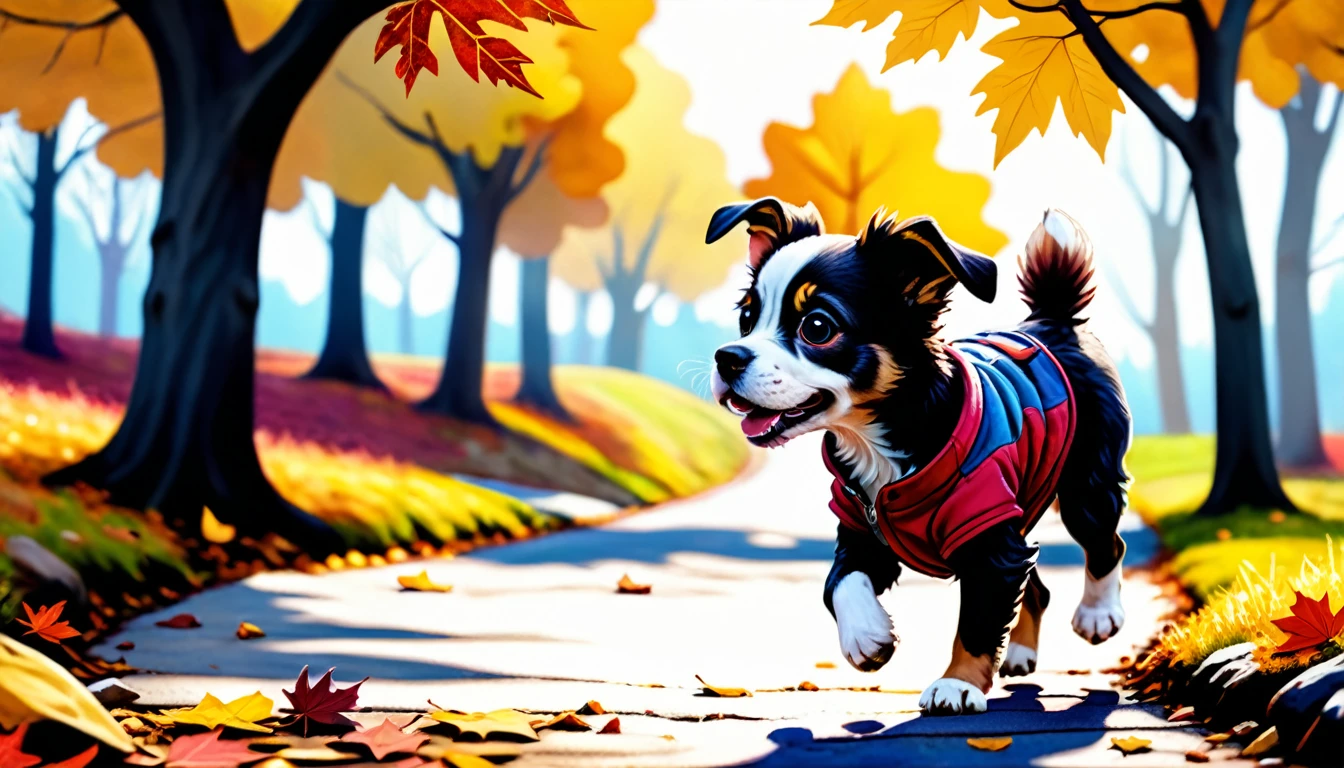 (photo film style), anthropomorphic, cute puppy, standing like a human and walking, autumn path, colorful trees, fallen leaves, enjoying the scenery, wearing casual clothes, 2D, colorful, warm atmosphere, shiny, Jean-Baptiste Monge style, Alan Lee style