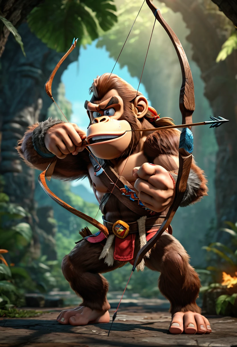 Archer, bow and arrow, Archery pose, full body, by Donkey Kong country, dramatic composition, cinematic dynamic action scene, vibrant colors, cinematic lighting, dramatic lighting, best quality, masterpiece, very aesthetic, perfect composition, intricate details, ultra-detailed