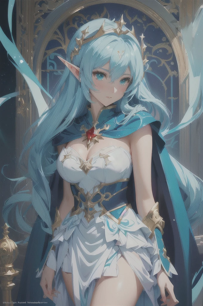Close-up of a woman in a dress and cape, portrait Zodiac Knight Girl, Aqua from Konosuba, Turquoise hair anime girl, Anime Moe Art Style, Anime Rush John 8k Woods, Official Art, High quality anime art style, Zodiac Knight Girl, rogue anime girl ayanami rei, Elf Girl, Vivid RPG Portraits, Anime Goddess, Red Crystal Circlet