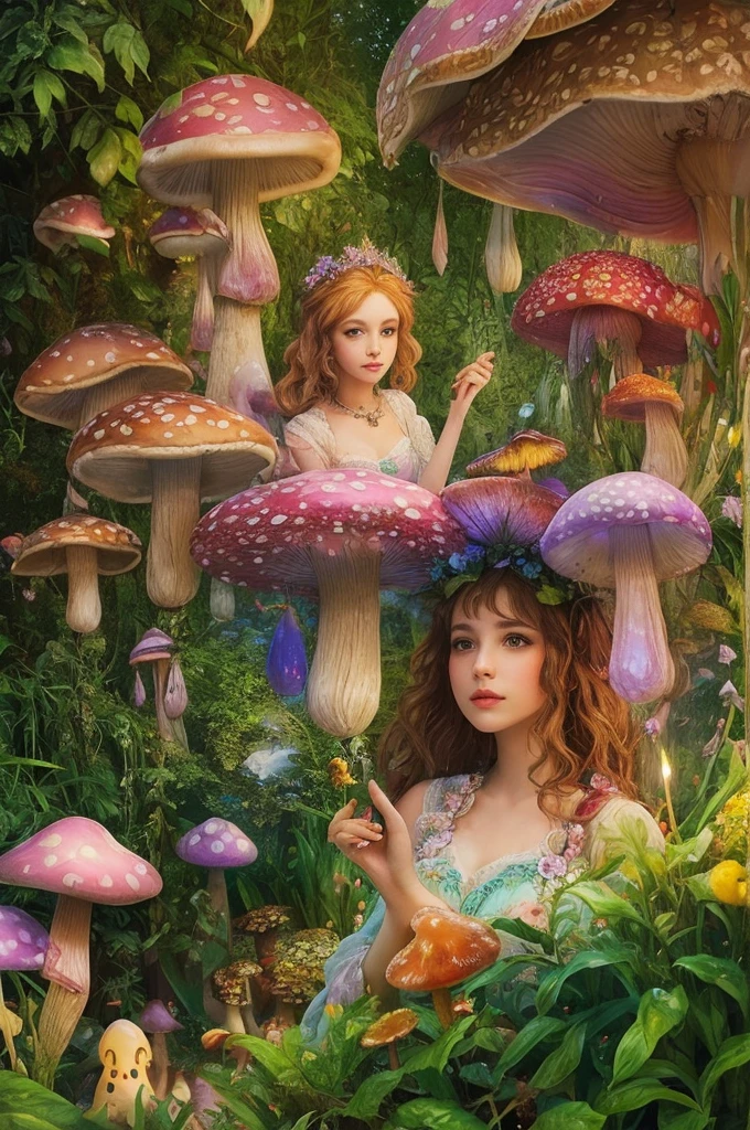 
A beautiful woman in an enchanted garden, with colorful MUSHROOMS and soft neon-style glows. She looks serene and curious