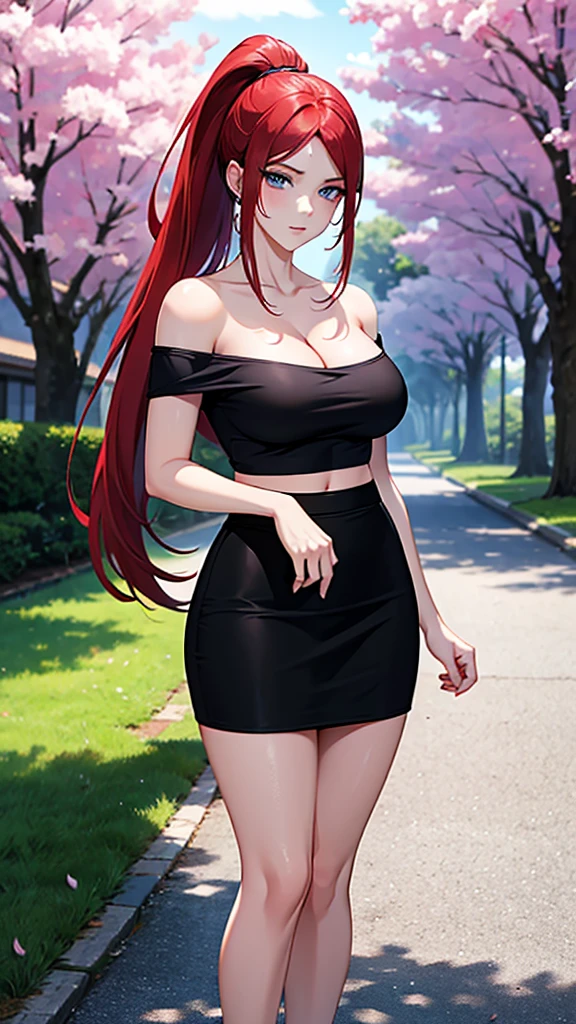 best quality, highres,uzumaki_kushina,Slender、small face、blue eyes、tall、In town、long hair、ponytail,(white short sleeve t-shirt:1.4 BREAK)、(black skirt:1.2)、(beautiful woman:1.5)、25 years old、Mature、midriff peek,(off-the-shoulder:1.3)、(I can see the cleavage:1.3),face on front , standing,cherry trees,full body shot,huge breast