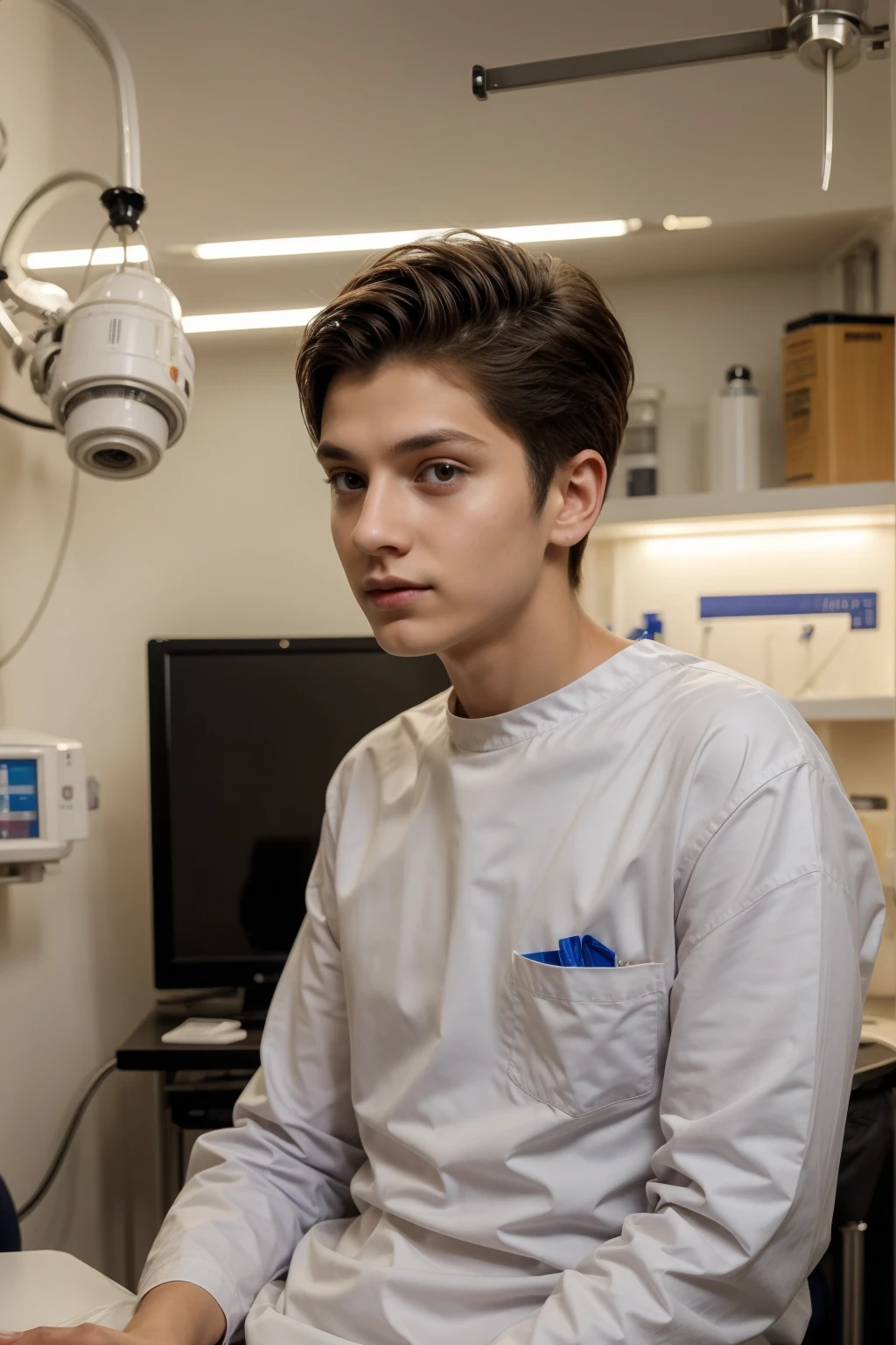 A beautiful young man, a cute male twink, with black hair, wearing a long-sleeved, white shirt and jeans. He is in the surgical operating room, and behind him are surgical medical instruments, devices, and medical smart screens inscribed with nerve cells, rings, etc., and he looks on proudly, with a face with reddish makeup. He is sitting at a luxurious desk