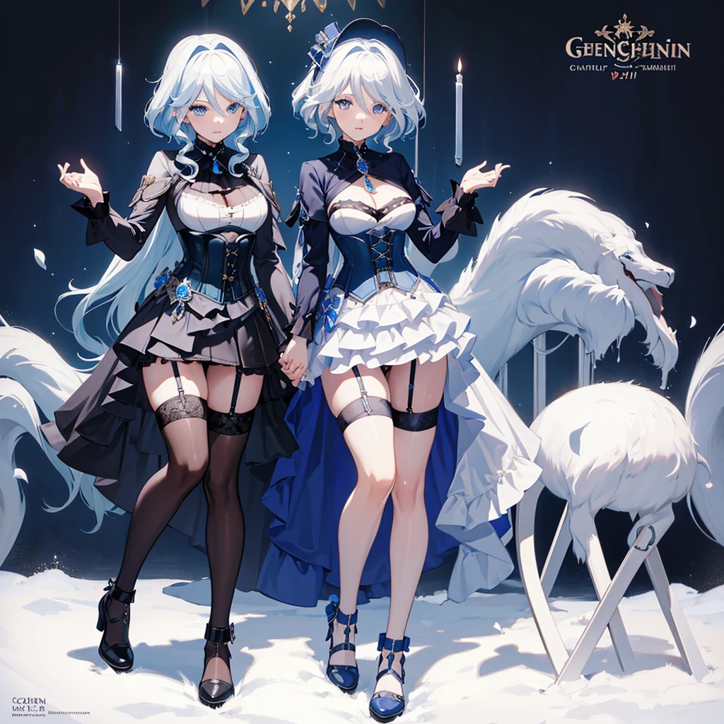 masterpiece, high resolution, better quality.1girl, furina from genshin impact, short pale blue-white hair, wavy hair, blue eyes, different-blue eyes,(corset top:1.3),(garter belt:1.3),(garter straps:1.3),choker,thighs,cameltoe,