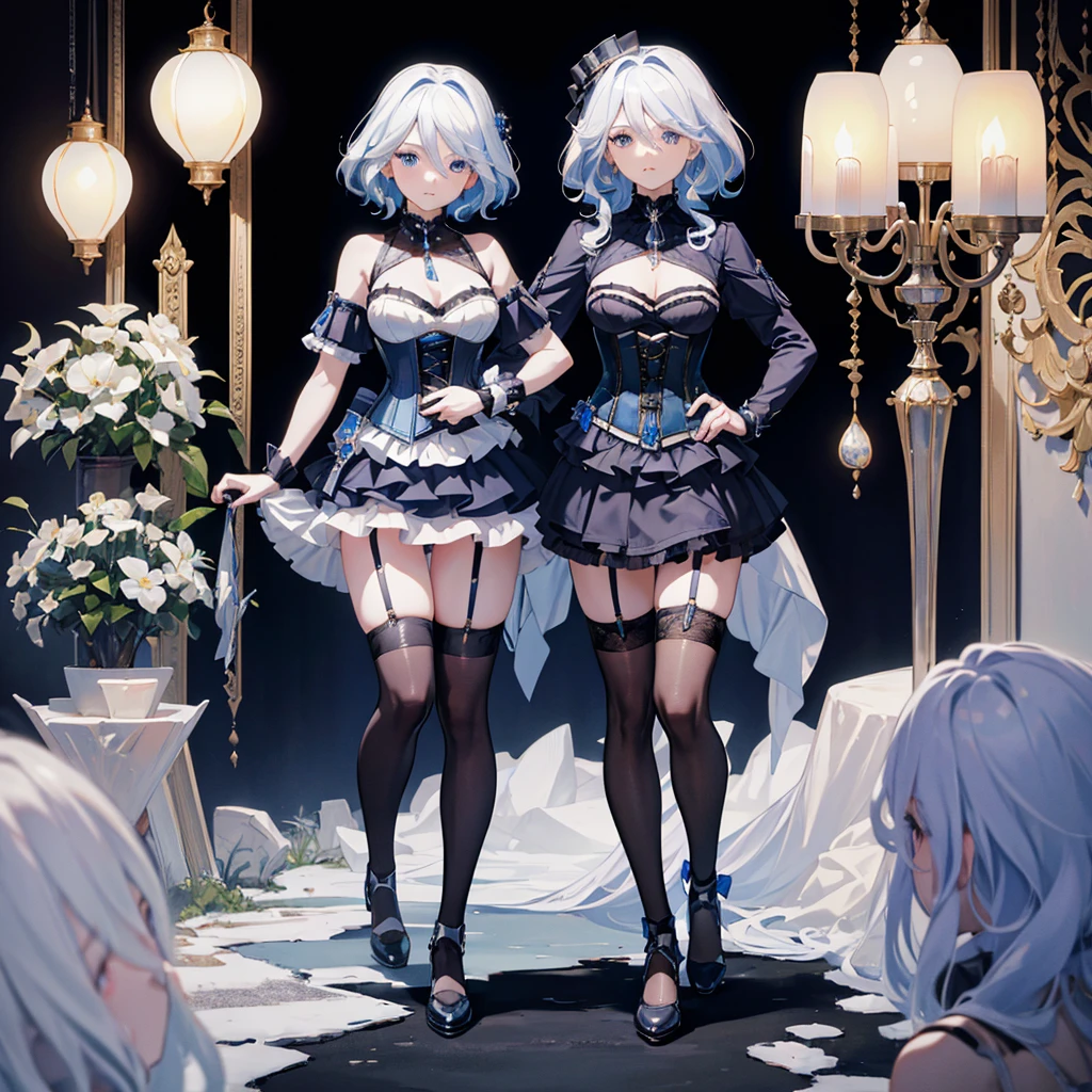 masterpiece, high resolution, better quality.1girl, furina from genshin impact, short pale blue-white hair, wavy hair, blue eyes, different-blue eyes,(corset top:1.3),(garter belt:1.3),(garter straps:1.3),choker,thighs,cameltoe,