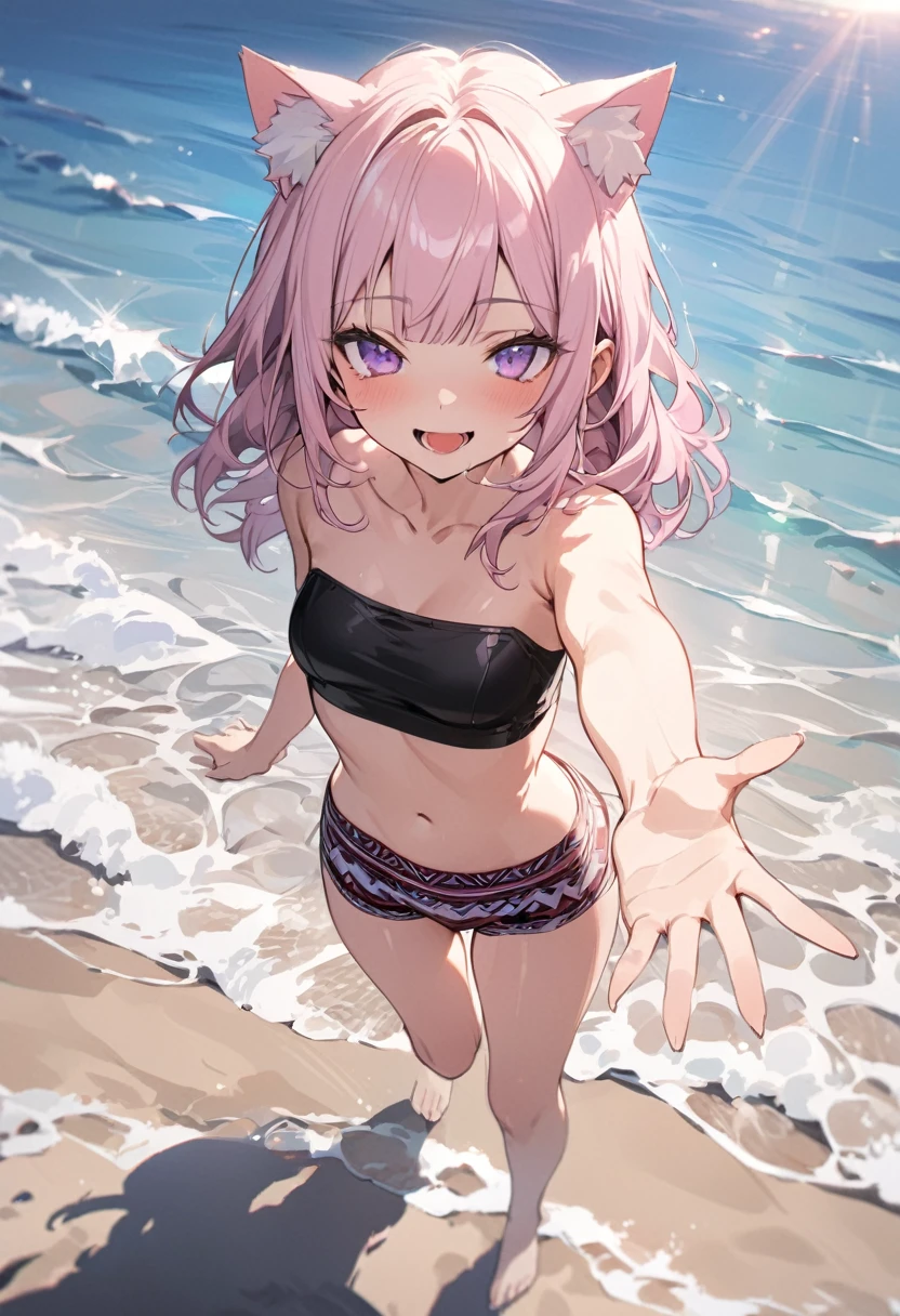 ((Masterpiece)), ((best quality)), (Anime:1.3), (super detail:1.2),(High Definition:1.3), (Professional Photography:1.2), (wide shot), (sharp focus), (perfect light), ((1girl)), (full body), messy medium hair, Beautiful collarbone, ((Tribal black tubutop)), strapless, cute navel, (Tribal boxer shorts), (Healthy slim body), (loose blunt bangs), Slender body, glossy skin, (naughty smile), open mouth, ((Beautiful purple eyes)), Textured skin, (Cat ears), (Pale pink hair), Cute Beautiful Girl, (slightly exposed medium breast), BREAK, ((best quality)), (full body), ((1girl)), ((reaching arm)), (walking on the shoreline at dawn), (sharp focus), (perfect light),