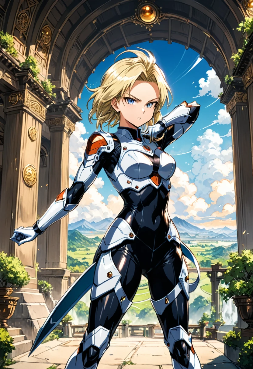 (Archer), 1girl, android18 from "Dragon Ball", Archery pose, full body, (Photography), panoramic view, award-winning, cinematic still, emotional, vignette, dynamic, vivid, (masterpiece, best quality, Professional, perfect composition, very aesthetic, absurdres, ultra-detailed, intricate details:1.3)