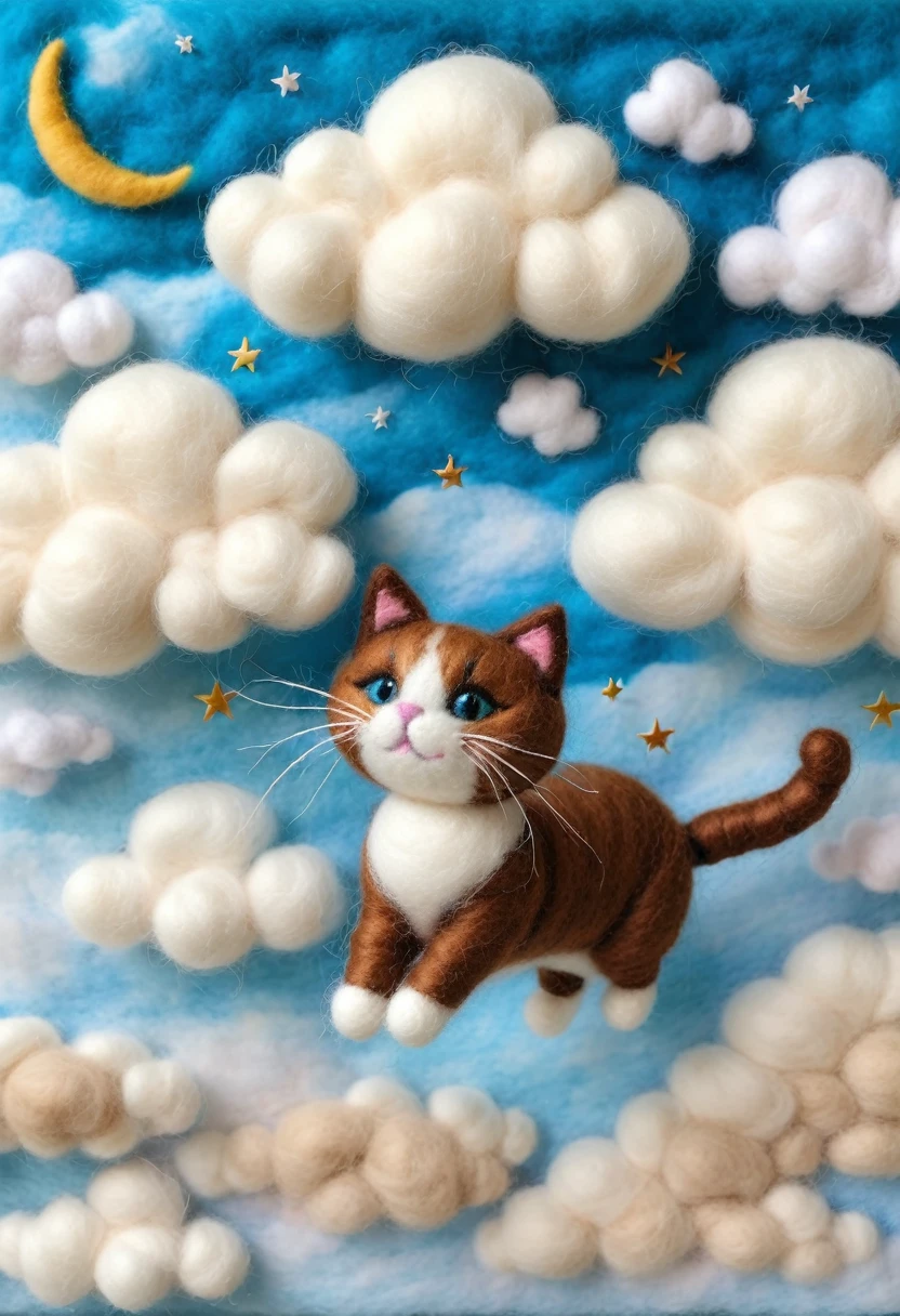 Needle Felt Art, Wool Felt Art, Cat masterpiece, Cat floating in the sky、Fluffy clouds、Brown Cat、dream-like