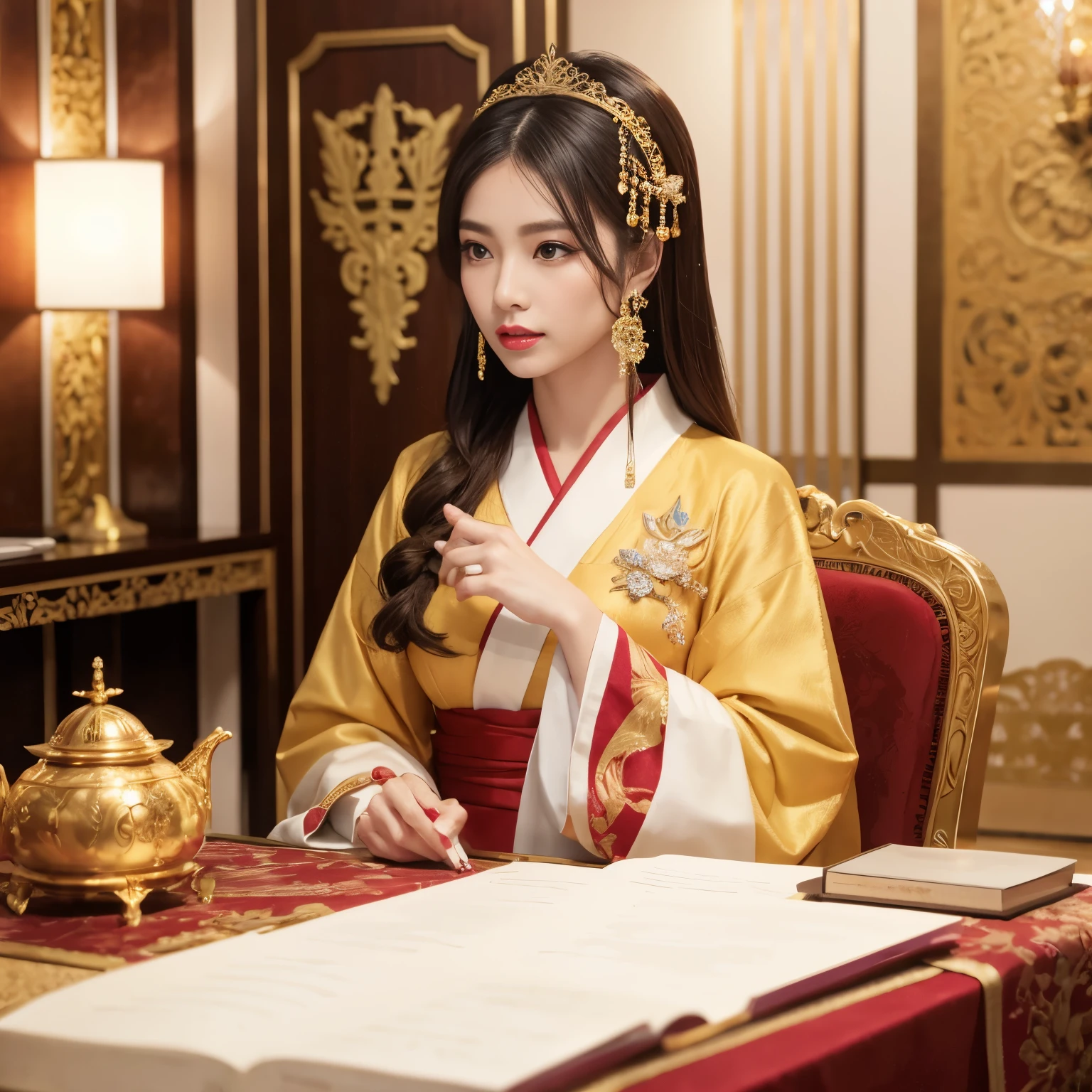 ((top quality、On the table、8K、Top image quality、Very intricate and detailed))、1 Princess、 A princess、Oiran costume、Luxurious and gorgeous long-sleeved kimono、luxury hair accessories、perfect makeup、Perfect princess hairstyle、Apply white powder、Red lipstick、Long eyelashes、Luxurious interior、Most luxurious华丽的王室、Unimaginable luxury、golden decoration、golden screen、The most gorgeous and luxurious bedroom、Most luxurious、The most complicated royal family、Everything in the room is fine、The magnificent king&#39;The room is in、Crimson embroidered velvet rug、Very high quality and expensive curtains、Artistic and intricate decoration、Gorgeous bedroom、Atmosphere of the Heian period、Beautiful Niwa lacquer pillars、Most luxurious、The most luxurious royal family、The Heian King Family、Japan in the 800s、Heian period、Perfect reproduction of Japan&#39;Heian period、Take a picture of her from the knees up、perfect air chamber、Smile