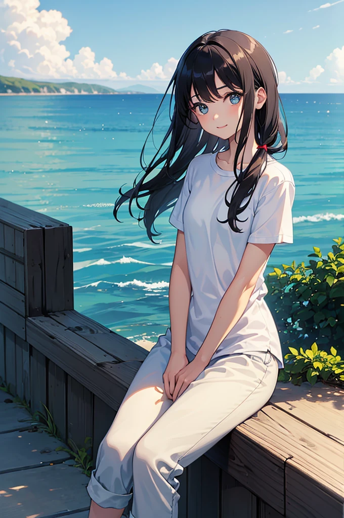 (8k, RAW Photo, Best Quality, Masterpiece:1.3),(Real,Photo:1.37),(Looking at Viewers:1.331),(Black Hair),Pose,Beachfront,Morning View,Sunrise,Clear Sky,1Girl,Very Beautiful Face,Small,Put Your Hands Down,Pony Hairstyle,Weight Hair,Fluffy Hair,Shoulder Length,Straight Hair,Random Expression,Smile at the Corner of Mouth,Big Eyes,(T-shirt,Round Collar,Short Sleeves,Opaque Color,Shirt Color),(Wearing Pants),mix4,No Hair Accessories,Best Quality Hair,naked