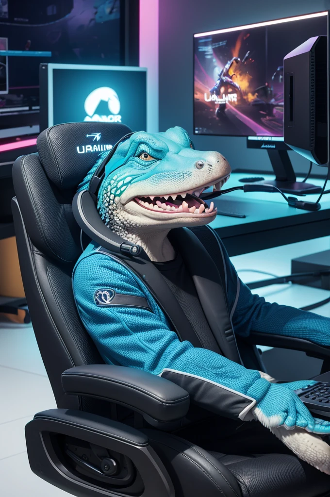 Create a colorful animated image of a charismatic alligator winking and smiling, usando headset, sitting on a gaming chair, in front of a gaming computer in a gaming room.