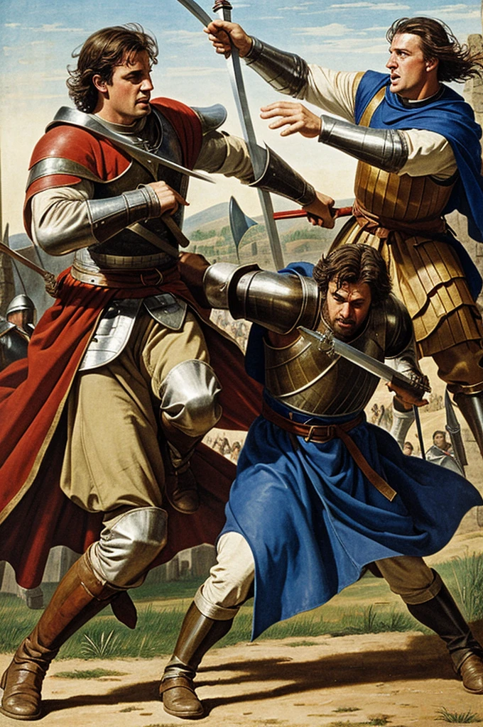 Medieval battle, two men fighting to the death with giant swords