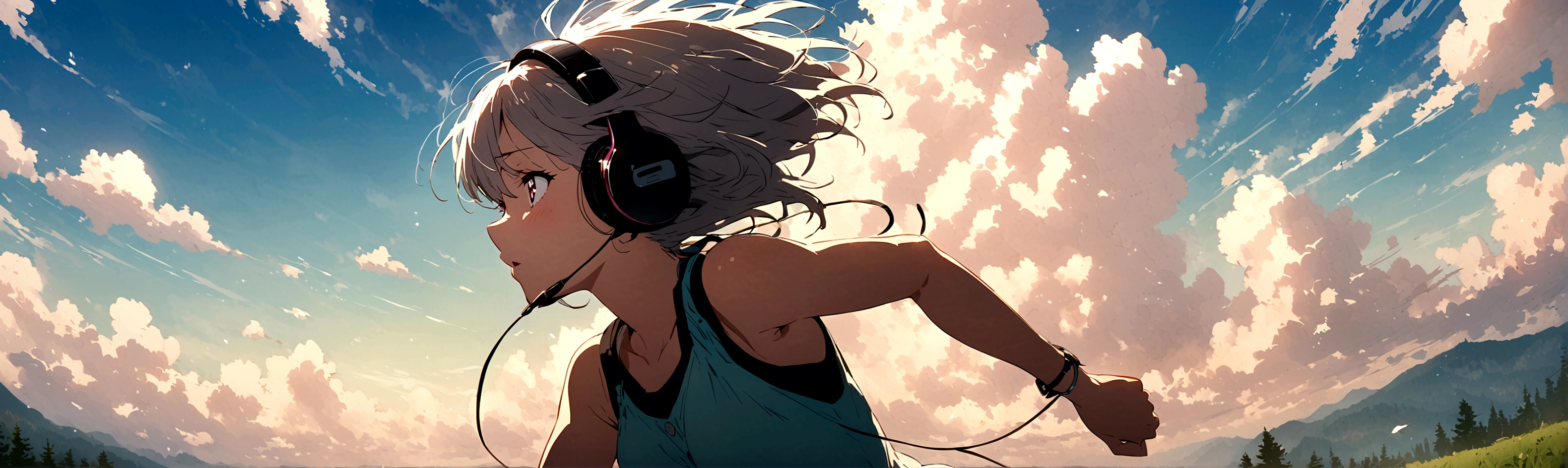 anime feelings,
view, sky, outdoor, no human, cloud, day,girl running and playing,Put on the headphones.,