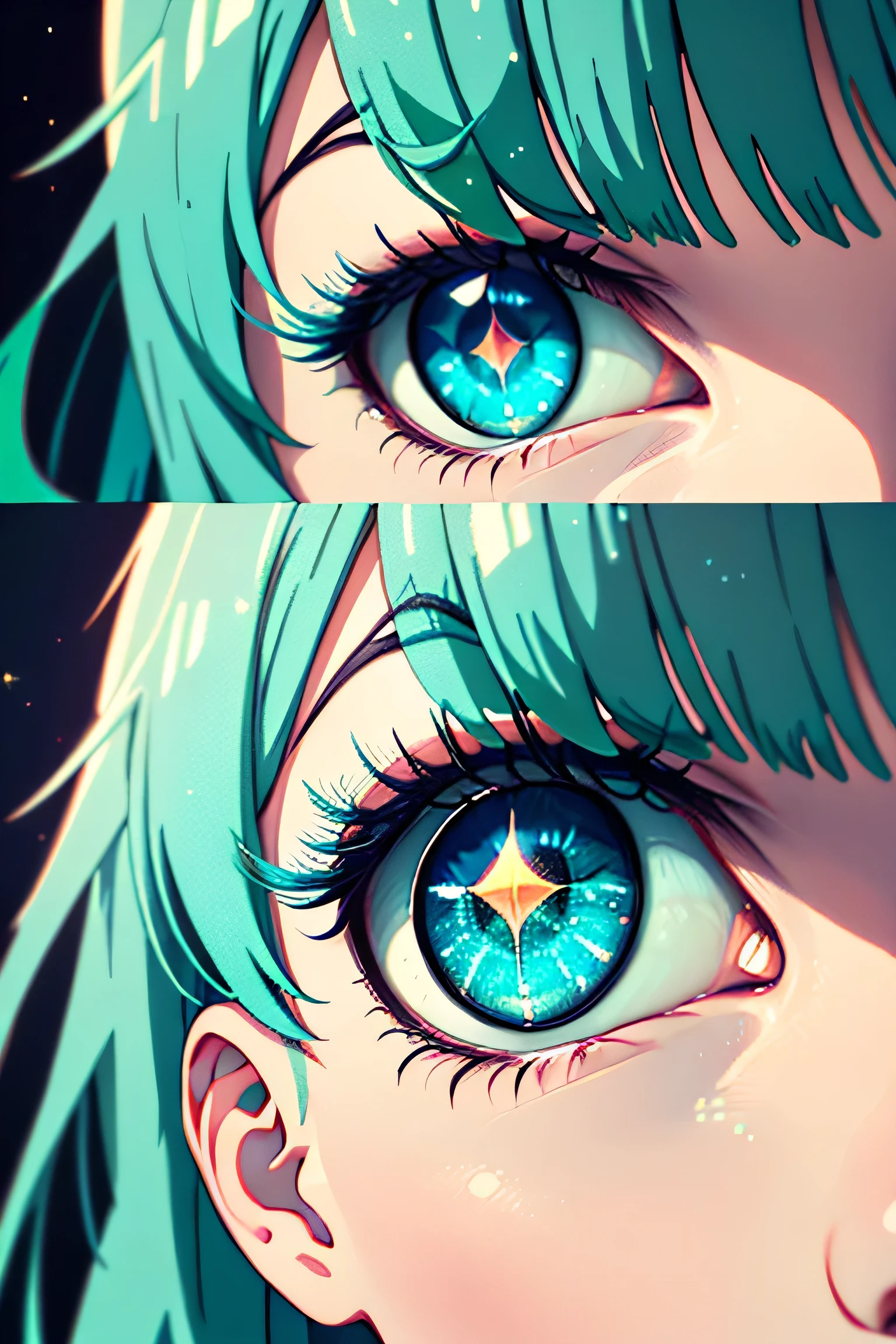 1girl, light seafoam green hair, long hair, hair strand, bangs above eyes, pupils sparkling, (((light seafoam green eyelashes))), anime style, anime eyes, big eyes, ((blue eyes)), face view, close up, sparkle, UHD, 8k, absurdres 