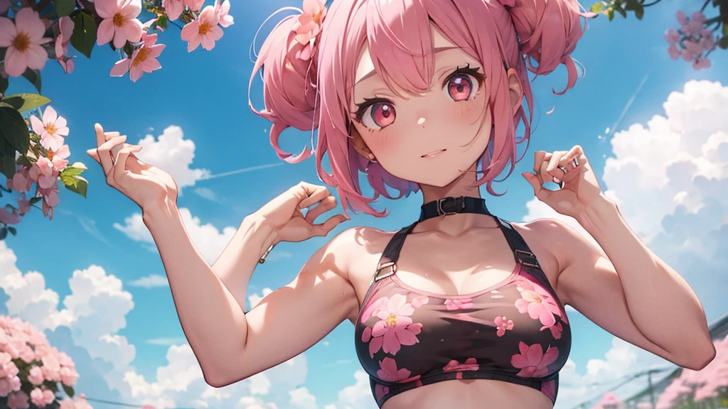1girl,flower pattern ,pink swimsuit ,pastel pink hair,brown eye,bob hair,standing, put hands on body, full body,red frame eyewear,big breasts,