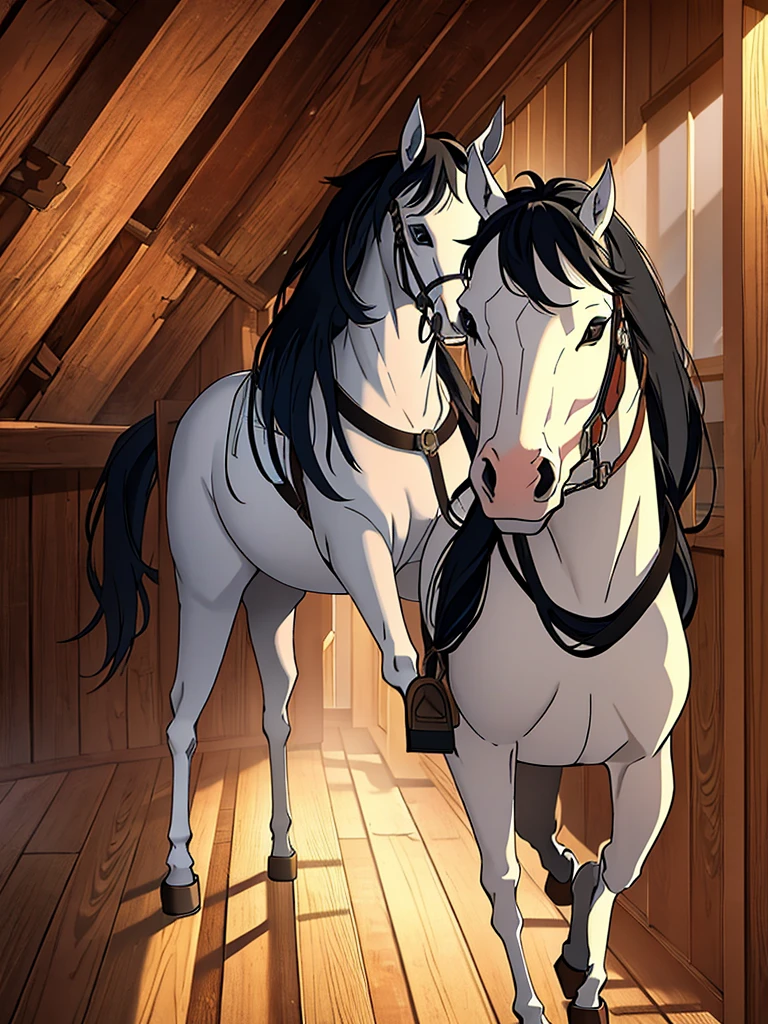 "Sky, a -yeld Laa girl with long black hair and piercing eyes, attempting to ride Spirit, a magnificent and untamed horse with a shimmering coat and wild eyes. Sky is on Spirit’s back, her face determined yet nervous. Spirit is bucking, his muscles tense and his wild eyes showing resistance. The background features the stable, with sunlight streaming through the wooden slats, and the soft sounds of other horses stirring."
