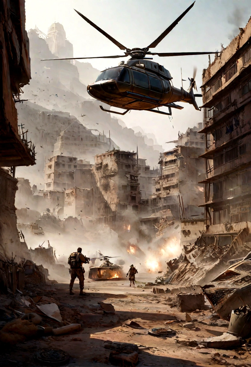 Post-apocalyptic battle scene with (((Helicopter crash)), Wasteland, Smoke, debris, Camouflage mesh, Near-perfection, pure form, intricate detials, 8k post-production, High Resolution, super detaill, Trending on ArtStation, sharp-focus, studio photos, intricate detials, Very detailed, by Greg Rutkowsky