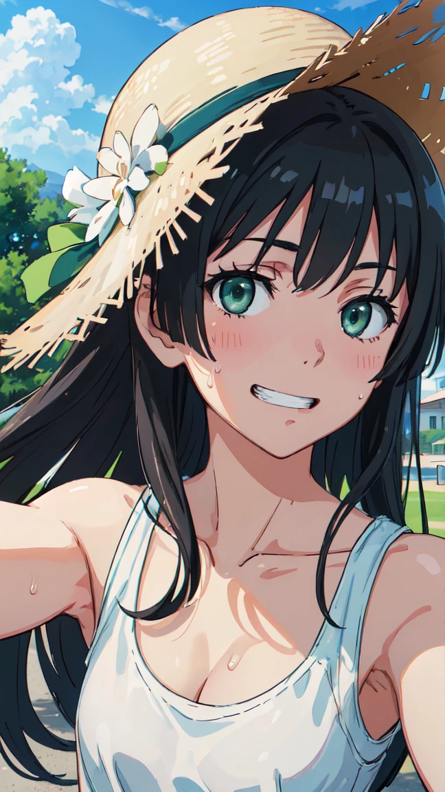 (High resolution:1.4), (masutepiece:1.2), (High quality:1.3) 1girl, saten ruiko, green eyes, long hair, black hair, small breast, blush, Grin、 White tank top shirt、Sweat、Cleavage、Armpit、 morning、summer、cloud、Wind、Straw hat、Selfie、Focus on the chest、, cinematic lighting,
