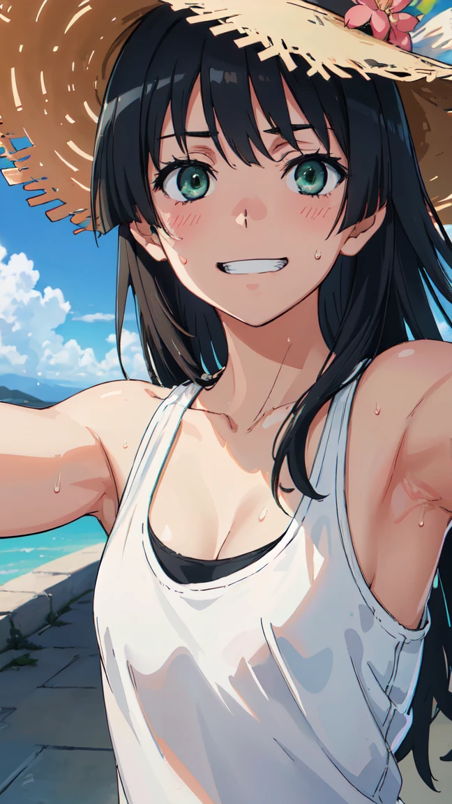 (High resolution:1.4), (masutepiece:1.2), (High quality:1.3) 1girl, saten ruiko, green eyes, long hair, black hair, small breast, blush, Grin、 White tank top shirt、Sweat、Cleavage、Armpit、 morning、summer、cloud、Wind、Straw hat、Selfie、Focus on the chest、, cinematic lighting,
