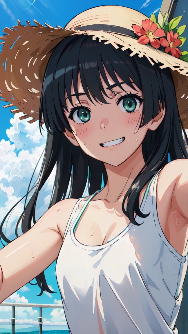  (High resolution:1.4), (masutepiece:1.2), (High quality:1.3) 1girl, saten ruiko, green eyes, long hair, black hair, small breast, blush, Grin、 White tank top shirt、Sweat、Cleavage、Armpit、 morning、summer、cloud、Wind、Straw hat、Selfie、Focus on the chest、, cinematic lighting,  