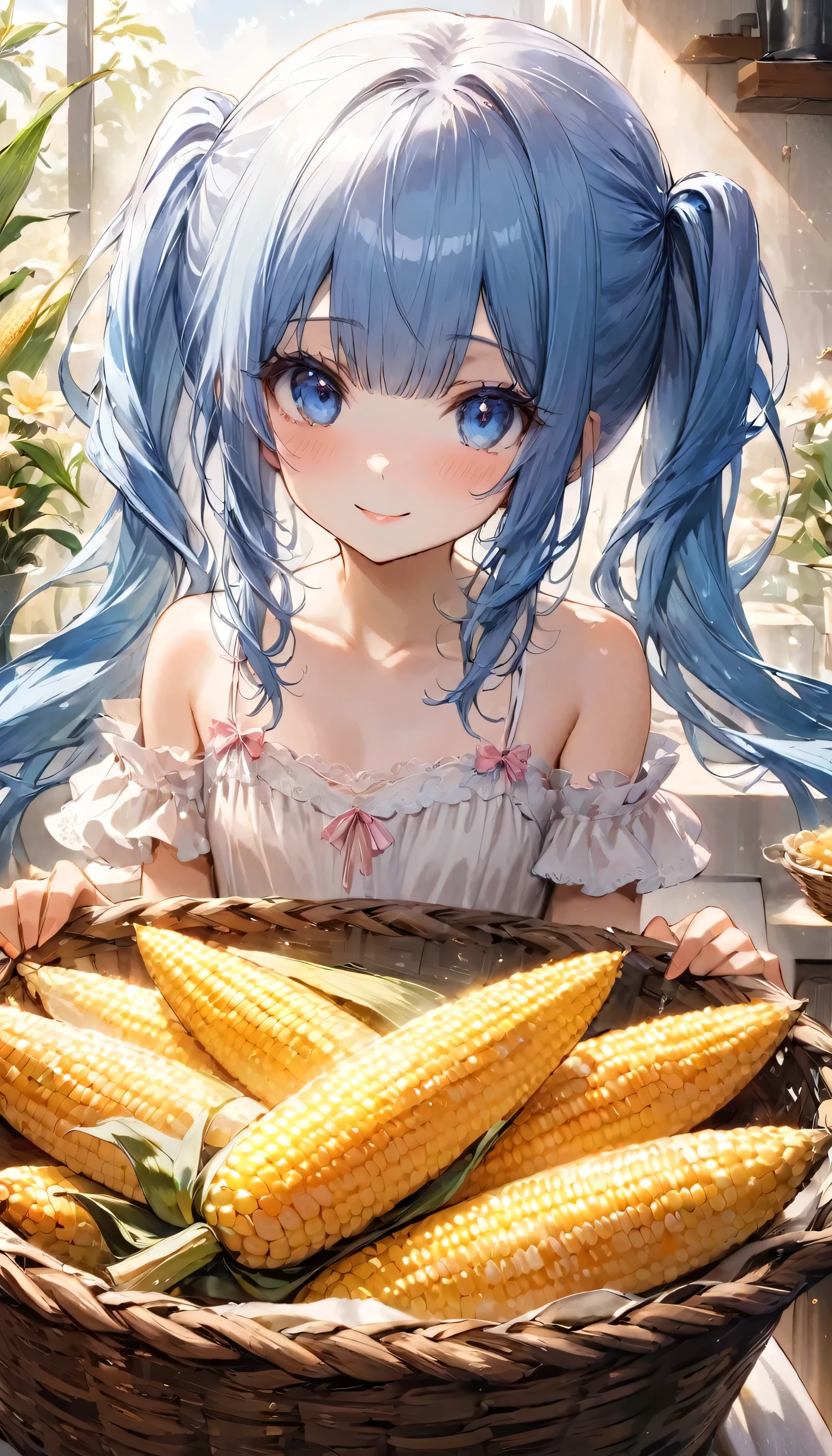 masterpiece, best quality, extremely detailed, (illustration, official art:1.1),adorable loli face、 1 girl ,(((( light blue long hair)))),pale blue hair,loli, long hair ((blush)) , cute face, big eyes, masterpiece, best quality,(((((a very delicate and beautiful girl))))),Amazing,beautiful detailed eyes,blunt bangs((((little delicate girl)))),tareme(true beautiful:1.2), sense of depth,dynamic angle,,,, affectionate smile, (true beautiful:1.2),,(tiny 1girl model:1.2),)flat chest、A kitchen decorated with lots of margaret flowers、Corn is piled in a basket、Light blue long hair、Beautiful girl with twin tails、Smiling while roasting corn、The girl has corn、Kitchen bathed in morning sun、A kitchen full of flowers