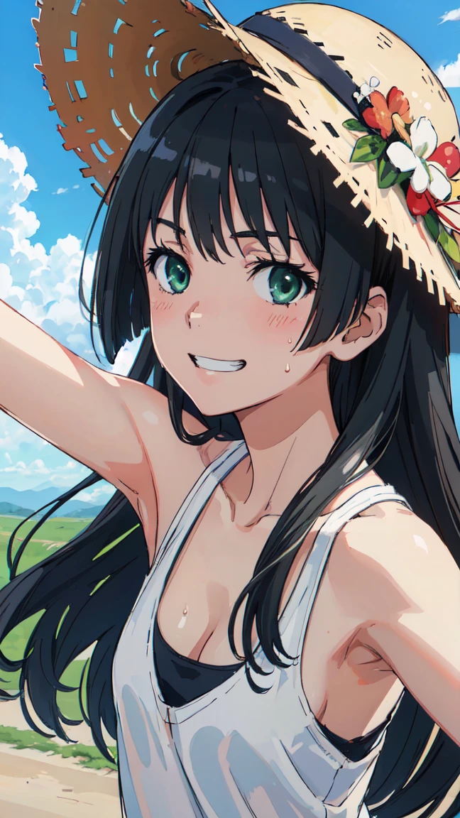  (High resolution:1.4), (masutepiece:1.2), (High quality:1.3) 1girl, saten ruiko, green eyes, long hair, black hair, small breast, blush, Grin、 White tank top shirt、Sweat、Cleavage、Armpit、 morning、summer、cloud、Wind、Straw hat、Selfie、Focus on the chest、, cinematic lighting,  