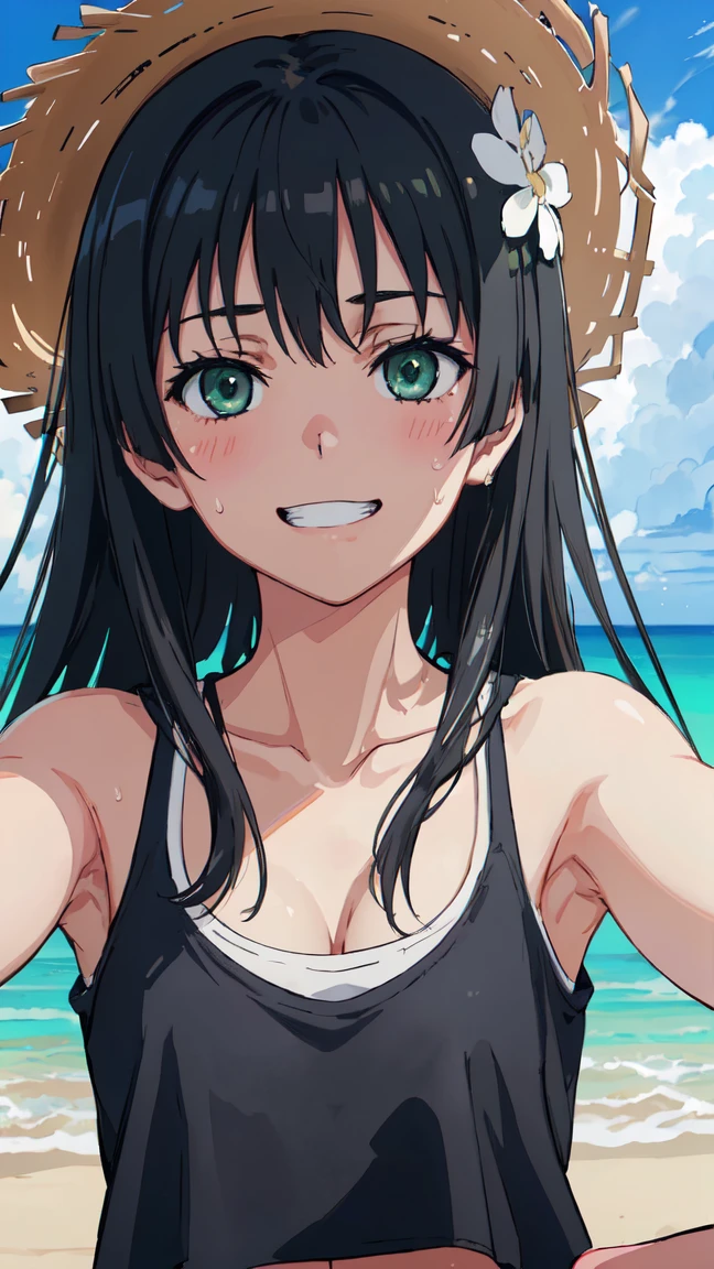 (High resolution:1.4), (masutepiece:1.2), (High quality:1.3) 1girl, saten ruiko, green eyes, long hair, black hair, small breast, blush, Grin、 White tank top shirt、Sweat、Cleavage、Armpit、 morning、summer、cloud、Wind、Straw hat、Selfie、Focus on the chest、, cinematic lighting,