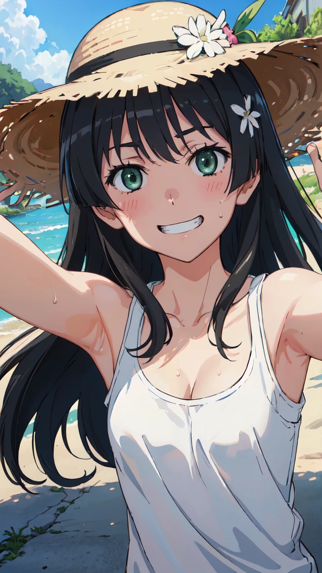 (High resolution:1.4), (masutepiece:1.2), (High quality:1.3) 1girl, saten ruiko, green eyes, long hair, black hair, small breast, blush, Grin、 White tank top shirt、Sweat、Cleavage、Armpit、 morning、summer、cloud、Wind、Straw hat、Selfie、Focus on the chest、, cinematic lighting,