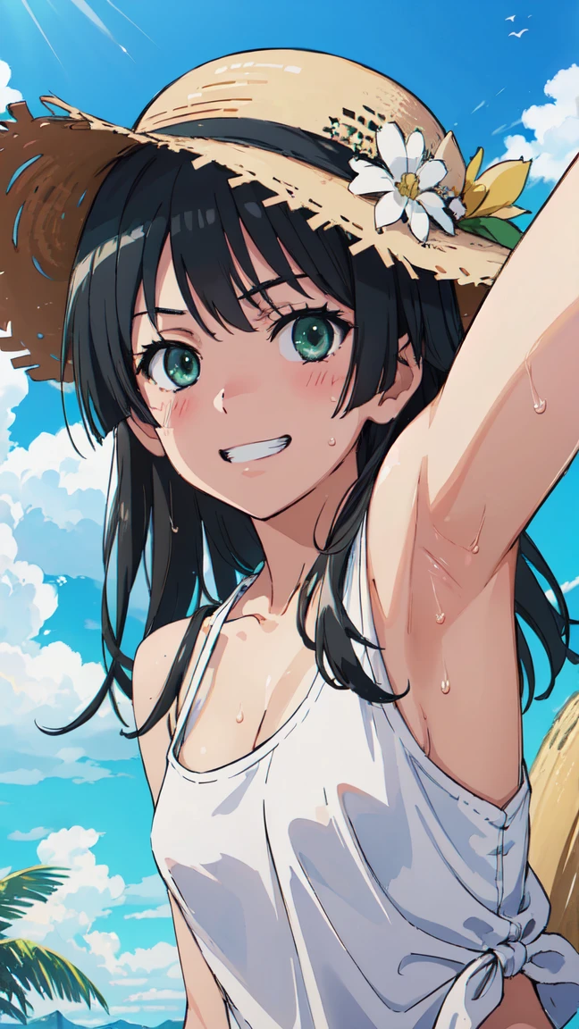 (High resolution:1.4), (masutepiece:1.2), (High quality:1.3) 1girl, saten ruiko, green eyes, long hair, black hair, small breast, blush, Grin、 White tank top shirt、Sweat、Cleavage、Armpit、 morning、summer、cloud、Wind、Straw hat、Selfie、Focus on the chest、, cinematic lighting,