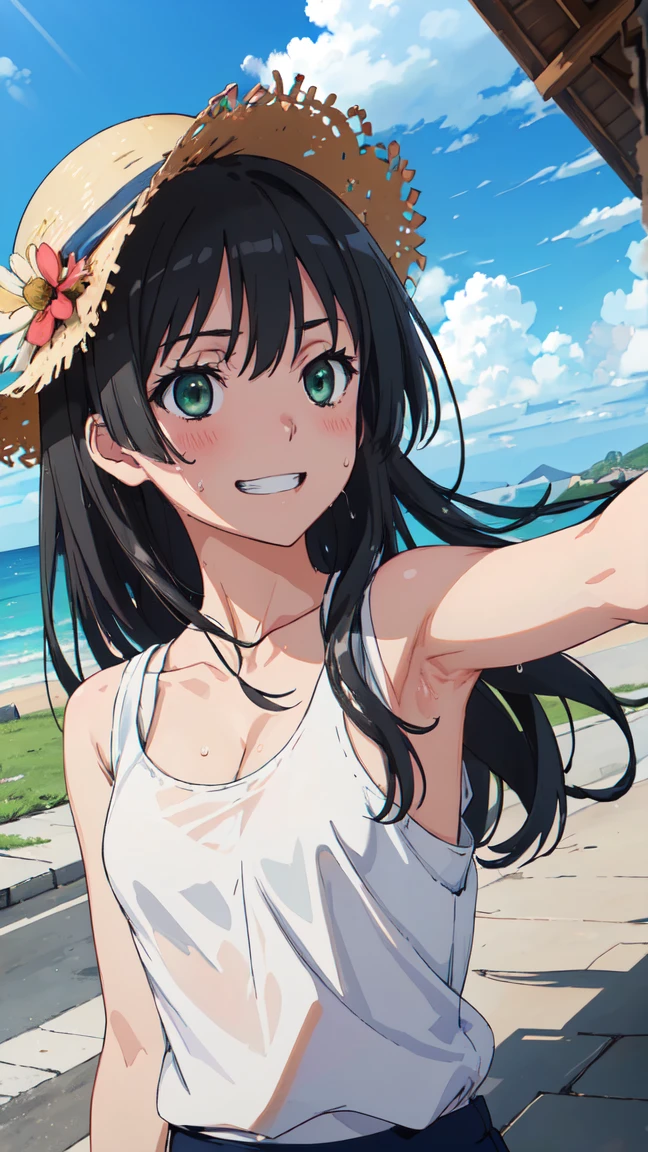 (High resolution:1.4), (masutepiece:1.2), (High quality:1.3) 1girl, saten ruiko, green eyes, long hair, black hair, small breast, blush, Grin、 White tank top shirt、Sweat、Cleavage、Armpit、 morning、summer、cloud、Wind、Straw hat、Selfie、Focus on the chest、, cinematic lighting,